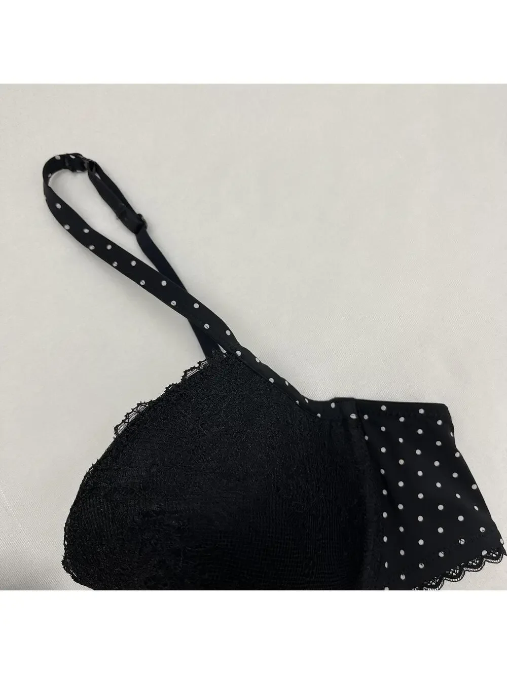 Y2K La Senza Black White Polka Dot Laced Bra With Pink Bow Sz 36B Scene Goth - Picture 3 of 9